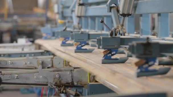 Výrobní proces nábytkové desky. Automatizovaný dopravníkový pás v továrně na nábytek. Automatizovaná výrobní linka v továrně na nábytek. — Stock video