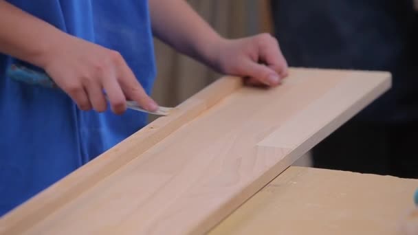 Die Korrektur der Defekte im Holzbrett. Abdeckung von Unregelmäßigkeiten auf einem Holzbrett — Stockvideo
