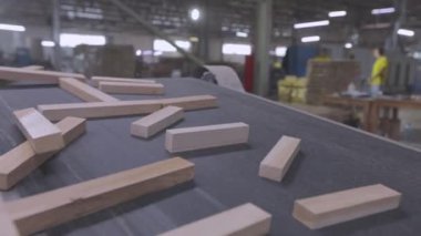 İnsanlar bir mobilya fabrikasının taşıma bandında çalışıyor. Mobilya fabrikasında tahta kurusıkıydı. Mobilya fabrikasında çalışma süreci.