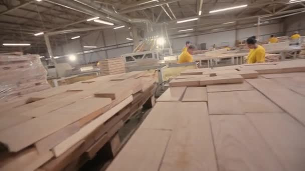 Close-up Preparación de barras para la creación de tableros de muebles. Muchas piezas de madera apiladas juntas. Almacén para barras de madera cuadradas procesadas de cerca. — Vídeo de stock