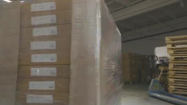 Κουτιά με τελικά προϊόντα είναι τυλιγμένα σε μεμβράνη πολυαιθυλενίου. Τα κουτιά είναι έτοιμα για αποστολή στους πελάτες. — Αρχείο Βίντεο