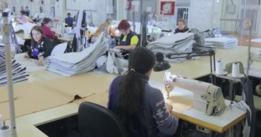Bir terzi elbise fabrikasında çalışıyor. Tekstil üretimi. Çalışma süreci. Profesyonel ekipman dikiyorum.