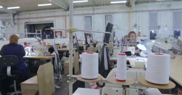 Швы производят продукцию на заводе. Многие швеи работают на швейной фабрике. Рабочий процесс на швейной фабрике. Большая швейная мастерская. Швейная фабрика — стоковое видео
