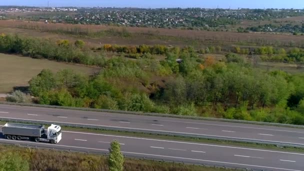 Ciężarówka towarowa jedzie wzdłuż autostrady. Widok z drona. Wóz jedzie po zakrzywionej drodze między polami. — Wideo stockowe