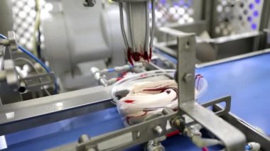 Üretim robotu. Robot üretimi. Dondurma fabrikasında modern teknoloji. Endüstriyel robot. Modern dondurma üretimi. Bir fabrikada otomatik taşıyıcı.