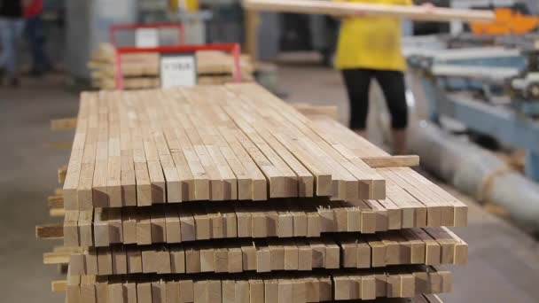 Многие куски дерева сложены вместе. Склад для квадратных обработанных деревянных баров. Подготовка баров для создания мебельных плит. — стоковое видео
