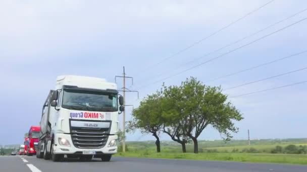 En lastbil med tankbil kör på motorvägen i soligt väder. En lastbilskonvoj kör längs motorvägen. Vit lastbil kör längs motorvägen. — Stockvideo