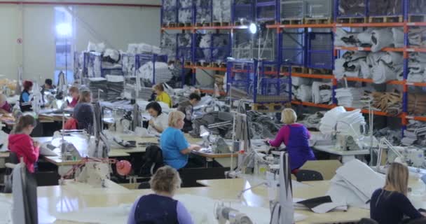 Grote naaiproductie. Er zijn veel naaisters in de werkplaats. Kleding fabriek interieur. Vrouwen in de naaiindustrie — Stockvideo