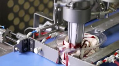 Modern dondurma üretimi. Bir fabrikada otomatik taşıyıcı. Dondurma fabrikasında modern teknoloji.