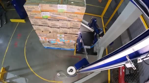 Pallet wrapping machine. Packing boxes in plastic film. Box stretch wrapping machine. Machine for wrapping boxes in a plastic film in a circle. — Stock Video