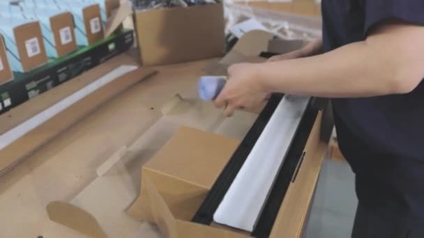 İşçi, müşteriye göndermek için malları bir kutuya koyar. Bir kutuda plastik parçalar paketleniyor. — Stok video