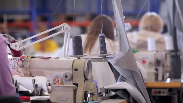 缝纫厂的缝纫设备。在一家缝纫工厂对缝纫工艺进行的特写。纺织厂的设备 — 图库视频影像