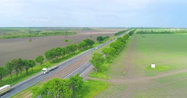 Vrachtwagen rijdt op de moderne snelweg rond groen gras bovenaanzicht. Vrachtwagen op de snelweg uitzicht vanaf de drone. — Stockvideo