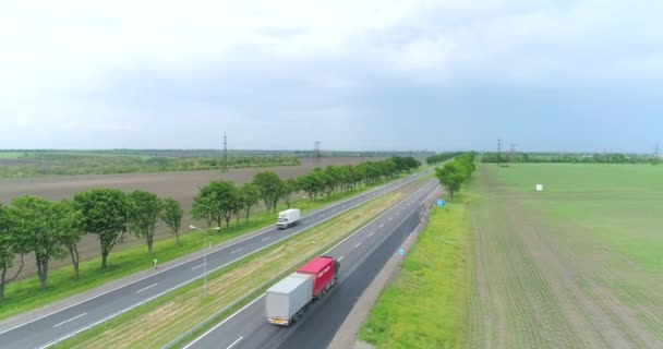 Vrachtwagens rijdt op de moderne snelweg rond groen gras bovenaanzicht. Vrachtwagen op de snelweg uitzicht vanaf de drone. — Stockvideo