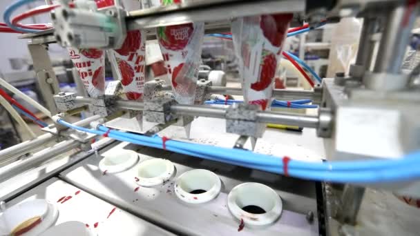 Primer plano de la producción de helados. Producción automatizada de helados. Línea de producción automatizada de helados — Vídeo de stock