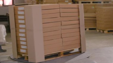 Fabrikadaki plastik filmlerdeki ürünlerin olduğu kutular. Özel bir makine kutuları polietilen filmle sarar