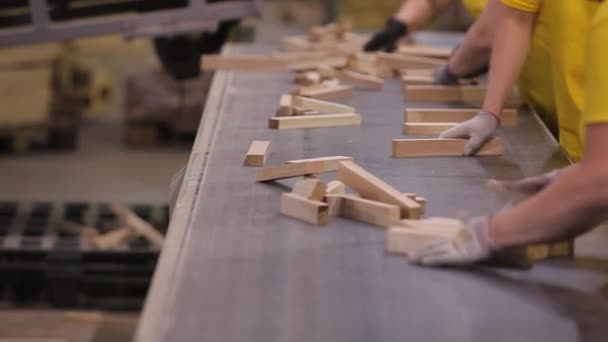 Proceso de trabajo en una fábrica de muebles. La gente trabaja en la cinta transportadora de una fábrica de muebles — Vídeos de Stock
