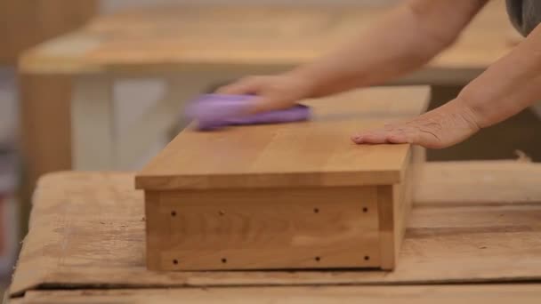 En kvinna lackar trävaror på en möbelfabrik. Möbellackering. Handmålning — Stockvideo