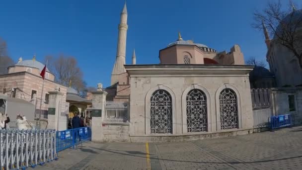 Ayasofya 'nın önündeki insanlar. Aziz Sophie Katedrali. İkonik yer İstanbul. Ayasofya 'nın önündeki turistler — Stok video