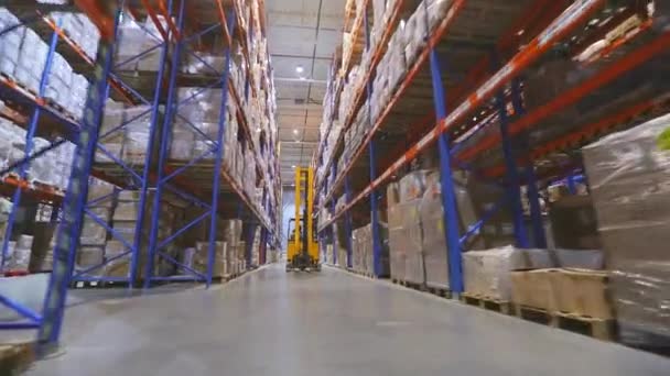 Carretilla elevadora en un almacén moderno. Almacén de una gran empresa. Trabajos de almacén. — Vídeos de Stock