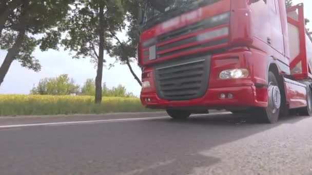 De rode truck rijdt langs de snelweg. Een groep vrachtwagens rijdt langs de snelweg. Moderne vrachtwagens vervoeren vloeibare lading in tanks — Stockvideo