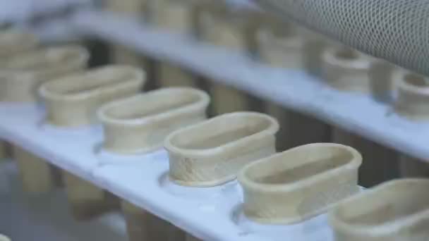 Înghețata este turnată într-o ceașcă de afine. Producţia de îngheţată. Ice Cream Conveyor Line — Videoclip de stoc