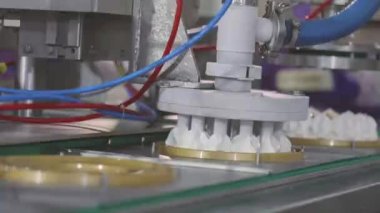 Otomatik dondurma üretimi. Dondurmalı pasta yapmak için otomatik taşıyıcı. Dondurma tüplerden güzelce çıkarılmış.