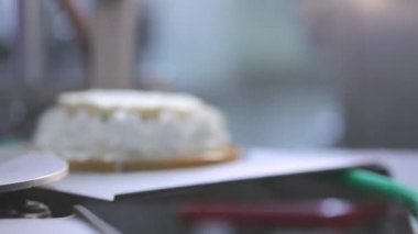 Otomatik dondurma üretimi. Dondurmalı pasta yapmak için otomatik taşıyıcı. Dondurma tüplerden güzelce çıkarılmış.