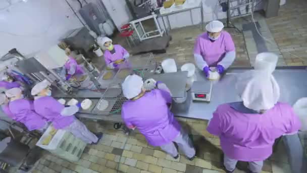As pessoas trabalham numa fábrica de doces. Loja para a produção de bolos. A fazer bolos. Fábrica de confeitaria — Vídeo de Stock