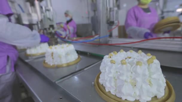 Der letzte Schritt zur Herstellung des Kuchens. Fertigstellung des Kuchens in der Fabrik. Süßwarenfabrik — Stockvideo
