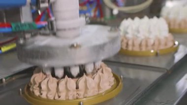 Otomatik dondurma üretimi. Dondurmalı pasta yapmak için otomatik taşıyıcı. Dondurma tüplerden güzelce çıkarılmış.