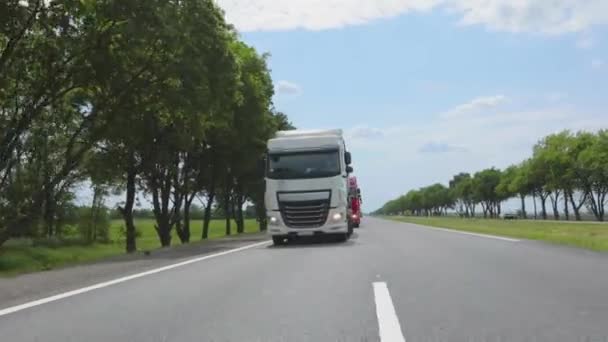 En moderne lastebil kjører langs motorveien. Transport av varer. Logistiske tjenester. Hvit lastebil kjører langs motorveien. En tankbil som kjører langs motorveien – stockvideo