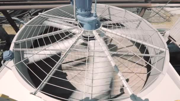 Hojas de ventilador grandes en el primer plano de fábrica. Hojas giratorias grandes en primer plano. Hojas de torre de enfriamiento — Vídeo de stock