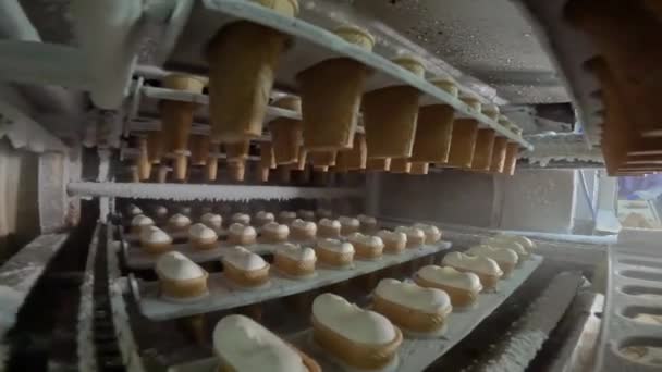 Процес виробництва морозива. Морозиво після замерзання на заводі. Виготовлення морозива в чашці на заводі . — стокове відео