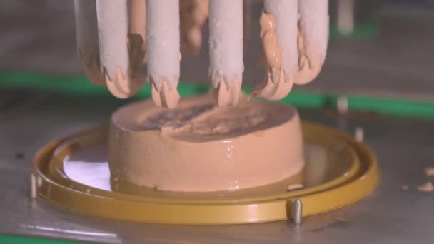 Dondurmalı pasta yapmak için otomatik taşıyıcı. Dondurma tüplerden güzelce sıkılarak çıkarılmış. Otomatik dondurma üretimi. — Stok video