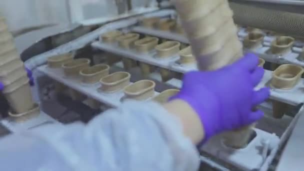 Eine Frau stellt Waffelbecher auf ein Förderband. Eiscremeproduktion. Nahrungsmittelproduktion — Stockvideo