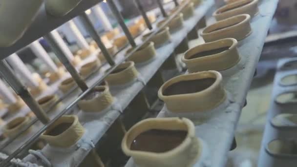 Автоматизированное производство мороженого. Производство мороженого. Мороженая конвейерная линия — стоковое видео