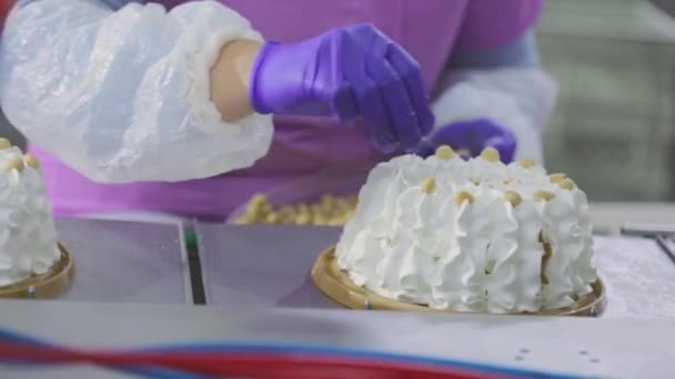 De laatste stap in het maken van de taart. Voltooiing van de taart in de fabriek. zoetwarenfabriek — Stockvideo