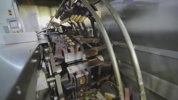 Garis conveyor untuk produksi cangkir wafer. Mesin untuk produksi cangkir wafer. Memanggang cangkir wafel untuk es krim — Stok Video