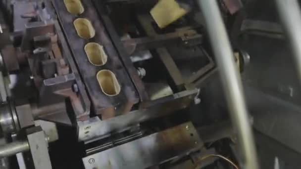Μηχανή παραγωγής φλυτζανιών γκοφρέτας. Σύγχρονο εργοστάσιο παγωτού. Γραμμή μεταφοράς για την παραγωγή κούπας γκοφρέτας. Κύπελλα ψησίματος βάφλας για παγωτό — Αρχείο Βίντεο