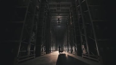 Fabrikada günün başında, işçi depoya giriyor, depoya ışık giriyor, modern bir depo kuruyor. Fabrikada sabah.