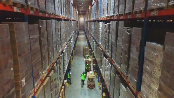 近代的な倉庫で働く。大きな倉庫でフォークリフト。近代的な大倉庫. — ストック動画