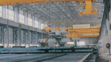 Modern bir fabrikada zaman turu yapan bir vinç. Zaman turu bitkisindeki bir vinç işi. Metal üretim fabrikasında çalışma süreci. Turnanın zaman turlarında yaptığı iş bitki dikmek.