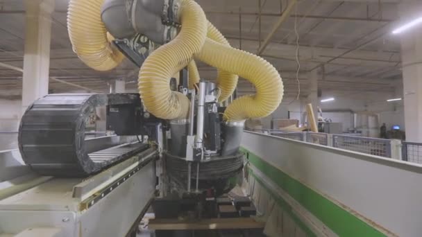 Máquina de madeira CNC. A fresar uma tábua de madeira. equipamento industrial moderno. Escultura em madeira automatizada — Vídeo de Stock