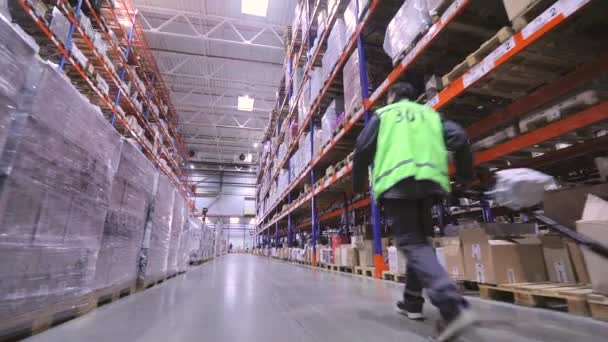 Un hombre en un almacén lleva una rokla. Un hombre en un gran almacén lleva una rokla. Trabajador de almacén. Gran almacén moderno — Vídeos de Stock