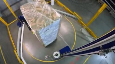 Plastik film kutularını paketliyorum. Kutu germe ambalaj makinesi. Palet ambalaj makinesi. Kutuları bir çemberde plastik bir filme sarmak için makine.