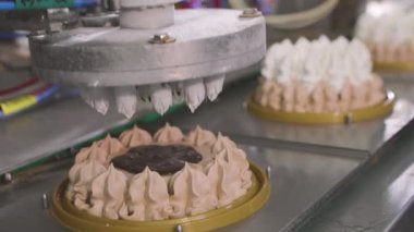 Otomatik dondurma üretimi. Dondurmalı pasta yapmak için otomatik taşıyıcı. Dondurma tüplerden güzelce çıkarılmış.