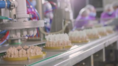 Otomatik dondurma üretimi. Dondurmalı pasta yapmak için otomatik taşıyıcı. Dondurma tüplerden güzelce çıkarılmış.