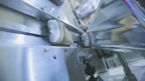 Ice cream packaging. Ice cream packaging in cellophane packaging. Packing ice cream on the conveyor. — Stock Video