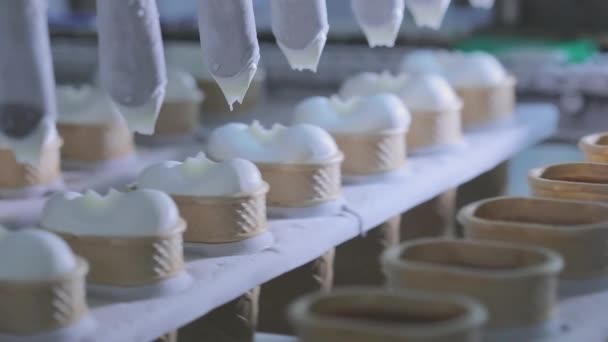 Production de crème glacée. Production de crème glacée sur un convoyeur automatique. — Video